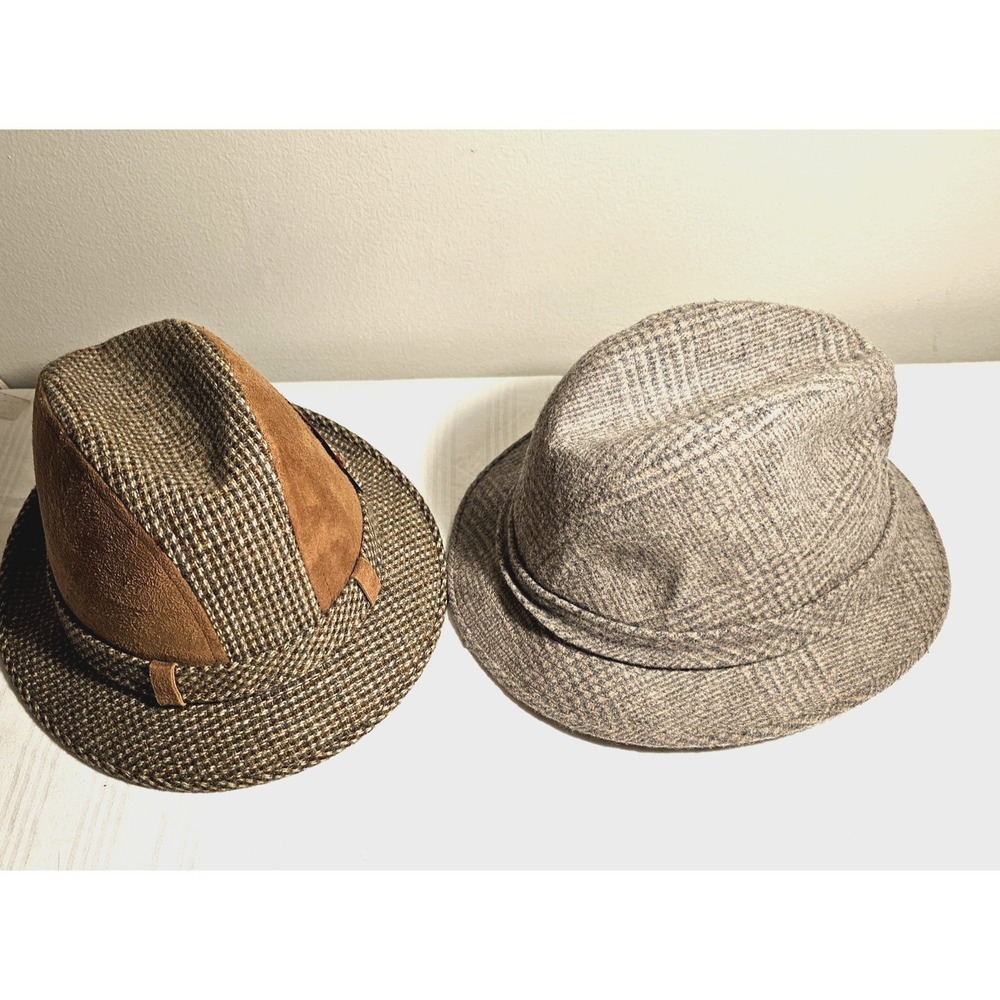 TWO  VTG Tweed Fedoras, 70s era, SZ 7-ish; Knox Tweed & Suede; Dobbs Gray Tweed